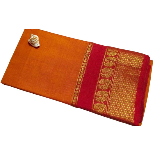 Narayanpet Pure Cotton Saree With Running Blouse Piece (Orange) For Women