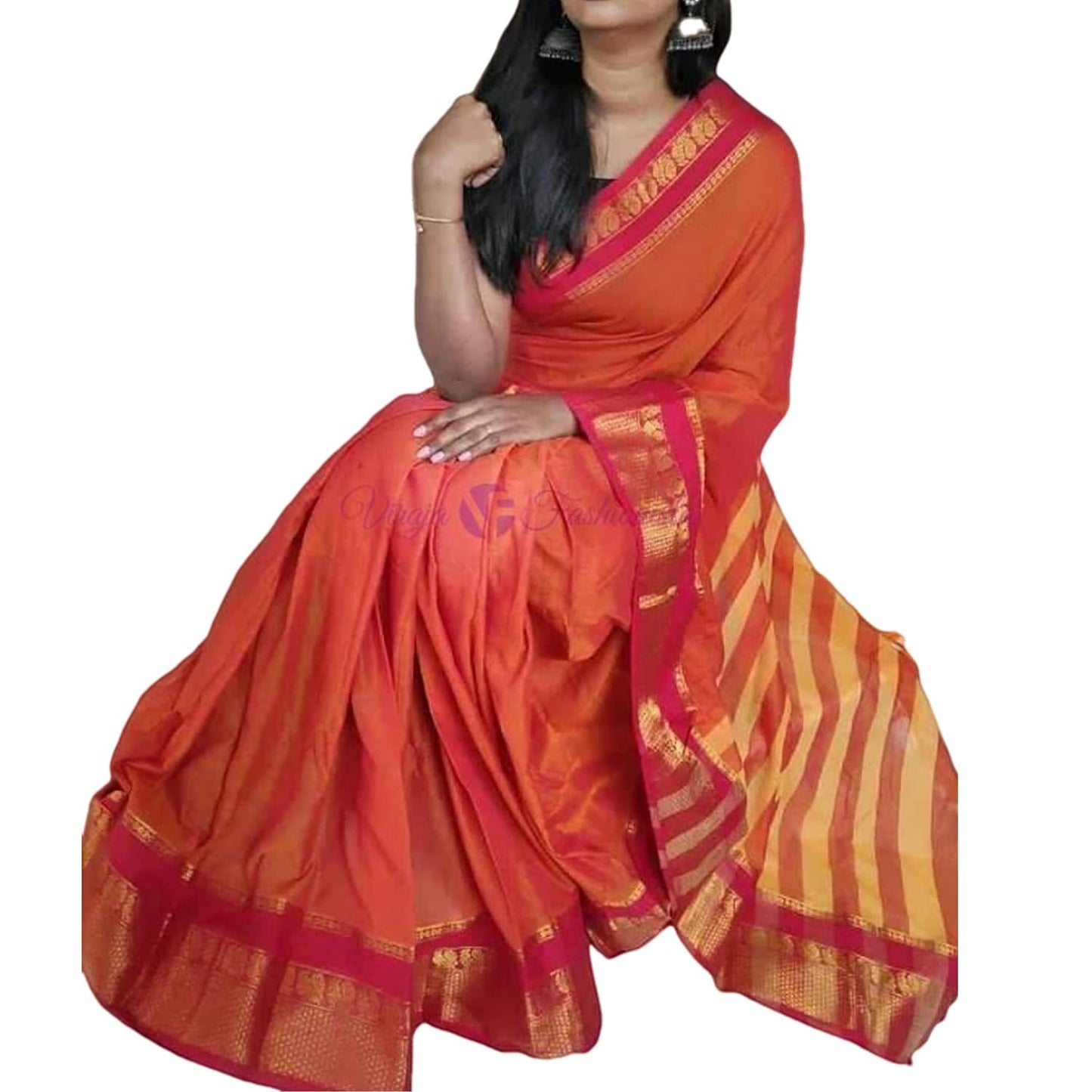 Narayanpet Pure Cotton Saree With Running Blouse Piece (Orange) For Women