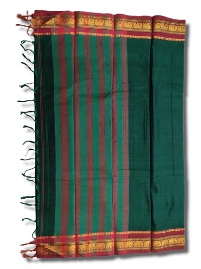 Narayanpet Pure Cotton Saree With Running Blouse Piece Single Elephant Border (Green) For Women