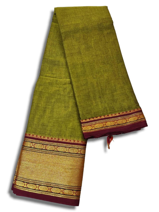 Narayanpet Pure Handloom Cotton Saree Paithani Border With Running Blouse Piece For (Mehandi) For Women