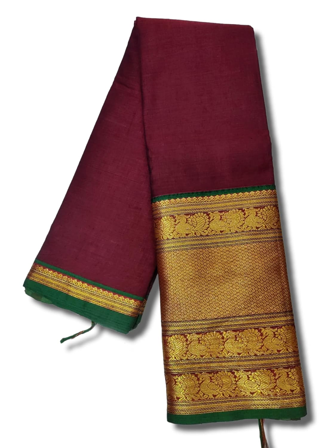 Tri Peacock Narayanpet Pure Cotton Saree With Running Blouse Piece (Jambla) (Maroon(Green Border) For Women