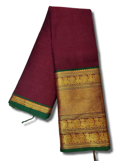 Tri Peacock Narayanpet Pure Cotton Saree With Running Blouse Piece (Jambla) (Maroon(Green Border) For Women