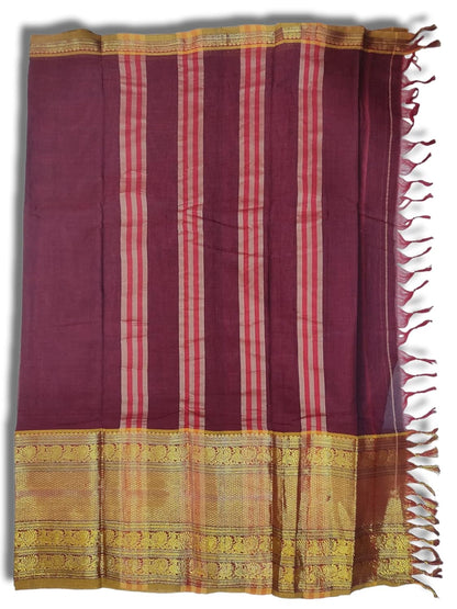 Tri Peacock Narayanpet Pure Cotton Saree With Running Blouse Piece (Jambla) (Maroon(Green Border) For Women