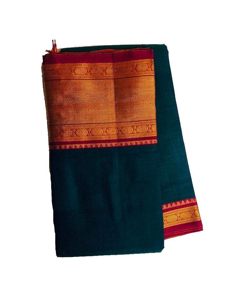 Sarees Pure Handloom Narayanpet Cotton Coin Zari Boarder With Blouse And Tussles Greenish Blue For Women