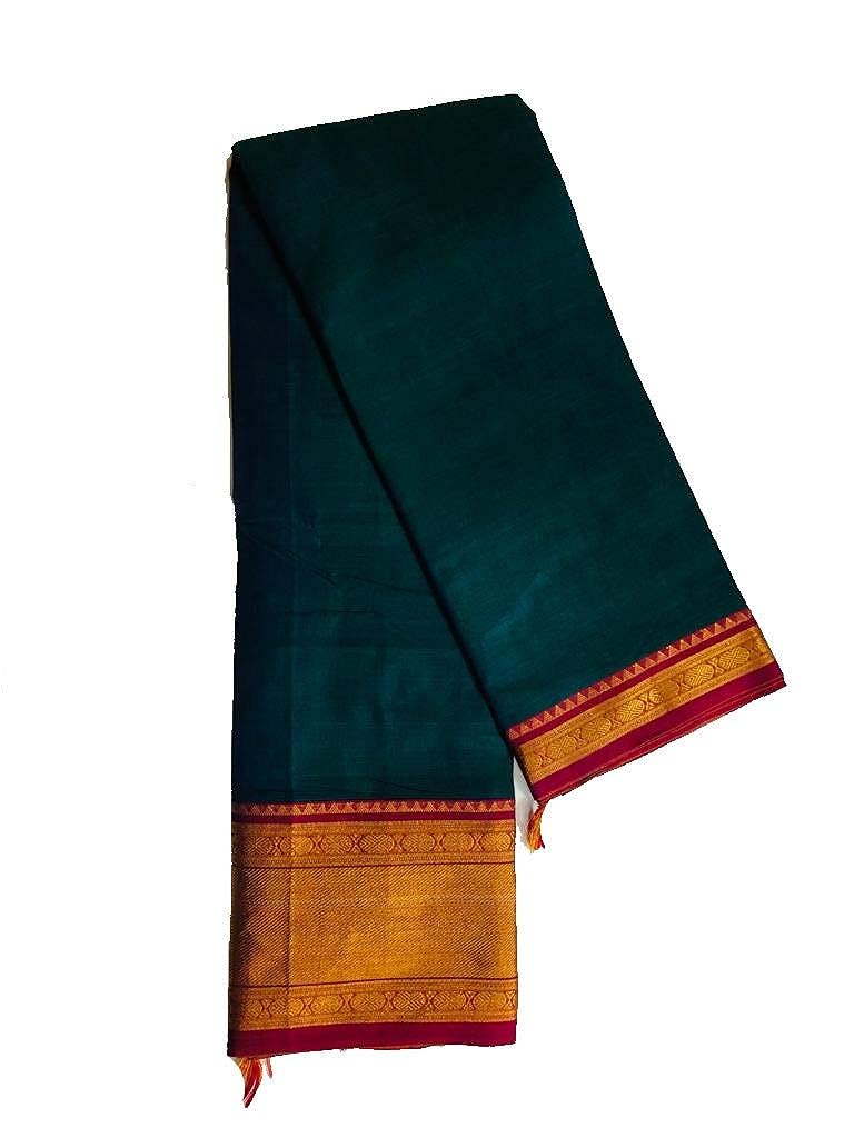 Sarees Pure Handloom Narayanpet Cotton Coin Zari Boarder With Blouse And Tussles Greenish Blue For Women