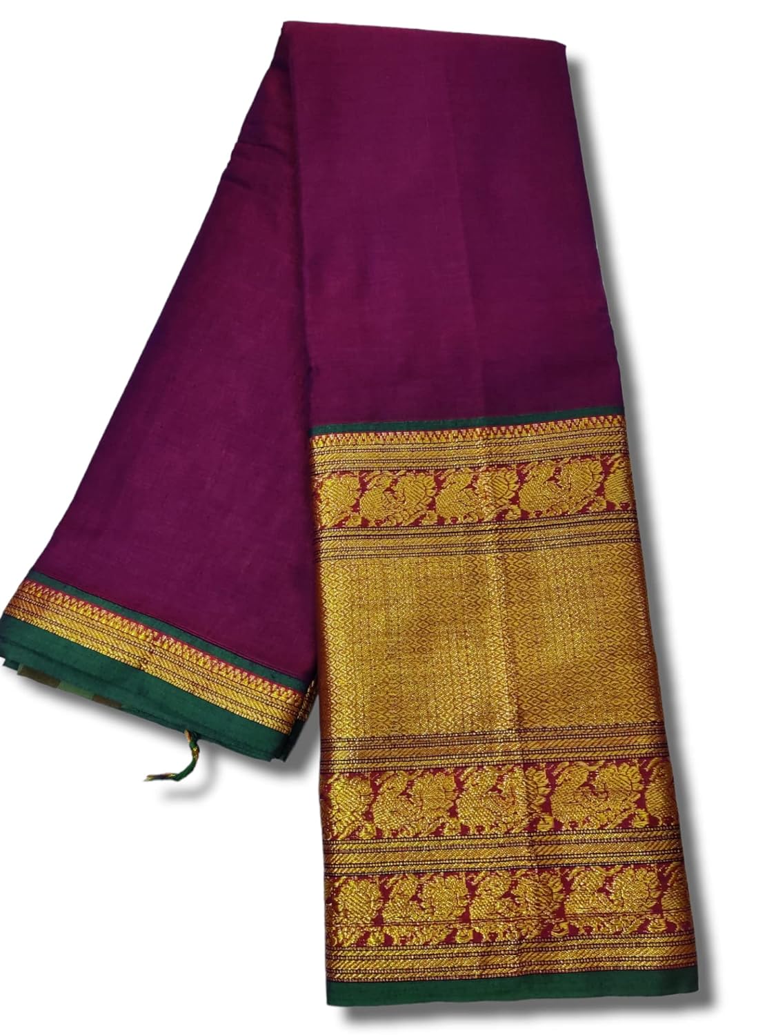 Handloom Narayanpet Pure Cotton Saree With Running Blouse (Tri Peacock Border) Big Border (Magenta By Green) For Women