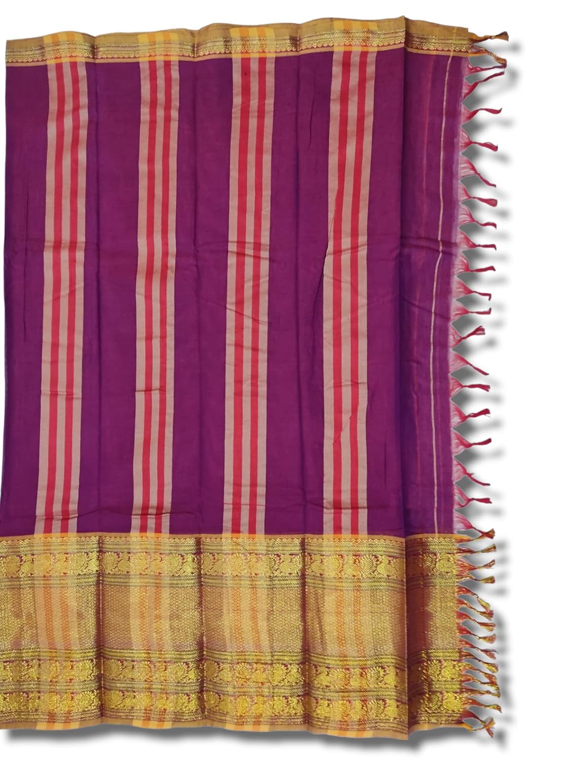Handloom Narayanpet Pure Cotton Saree With Running Blouse (Tri Peacock Border) Big Border (Magenta By Green) For Women