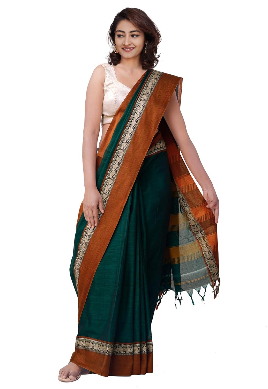 Pure Handloom Narayanpet Cotton Saree With Blouse Piece And Tassels From The Weavers Of Andhra Pradesh(Green+Free Size) For Women