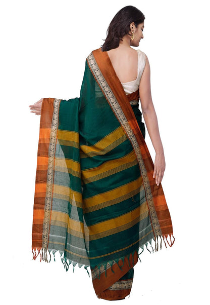 Pure Handloom Narayanpet Cotton Saree With Blouse Piece And Tassels From The Weavers Of Andhra Pradesh(Green+Free Size) For Women