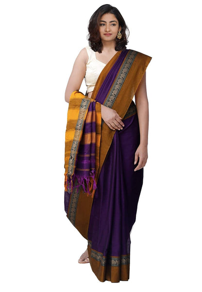 Narayanpet Handloom Cotton Saree With Blouse Piece (Purple+Free Size) For Women