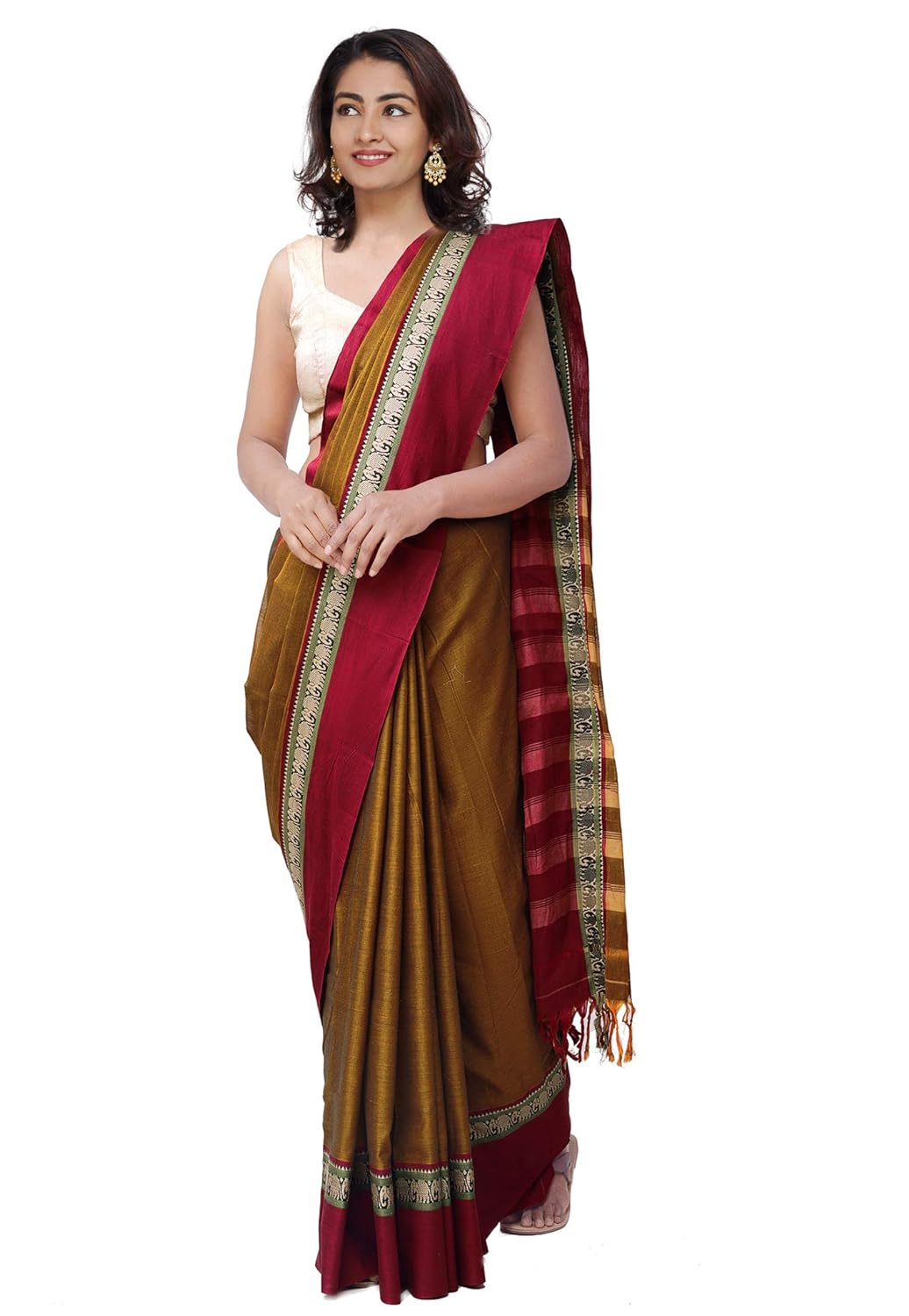 Narayanpet Handloom Cotton Saree With Weaving And Blouse Piece (Brown+Free Size) For Women