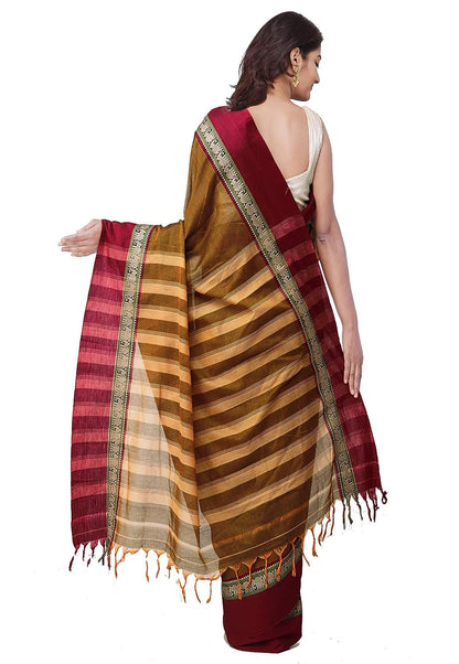 Narayanpet Handloom Cotton Saree With Weaving And Blouse Piece (Brown+Free Size) For Women