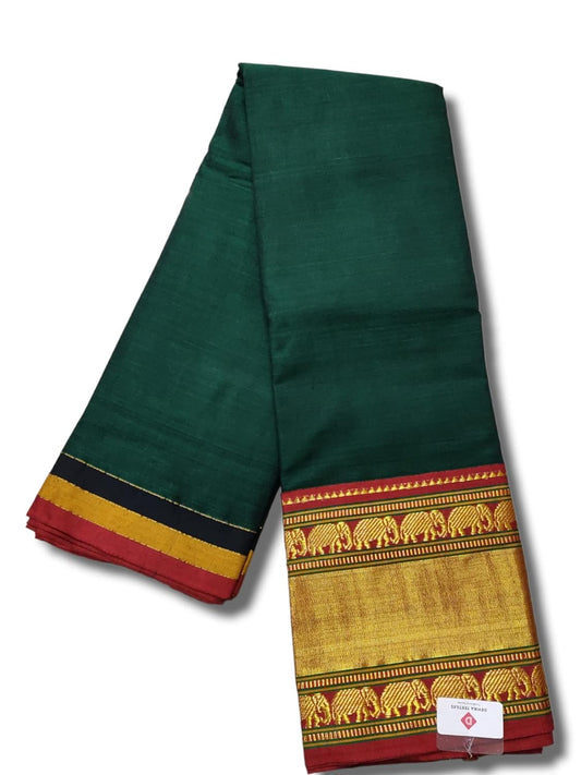 Narayanpet Pure Cotton Elephant Border Handloom Saree With Running Blouse Piece Big Elephant Border (Green) For Women