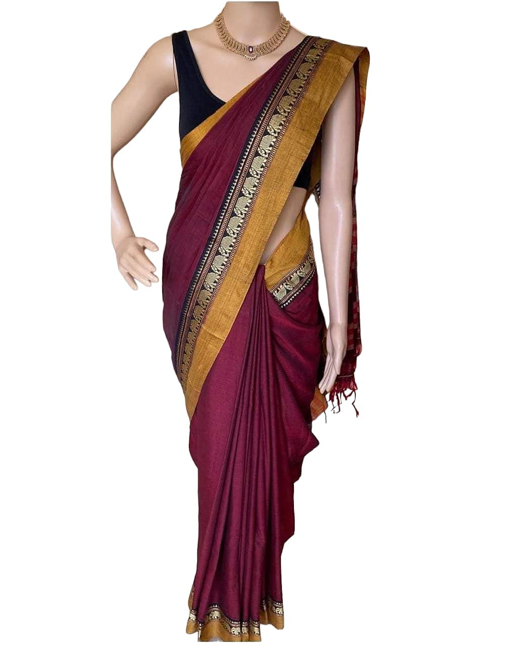 Elephant Border Treditional Handloom Pure Masarised Cotton Saree With Running Blouse Piece For Women