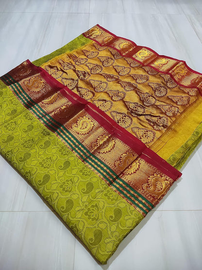 Narayanpet Cotton Saree Without Blouse Piece (Lite Mehandi) For Women