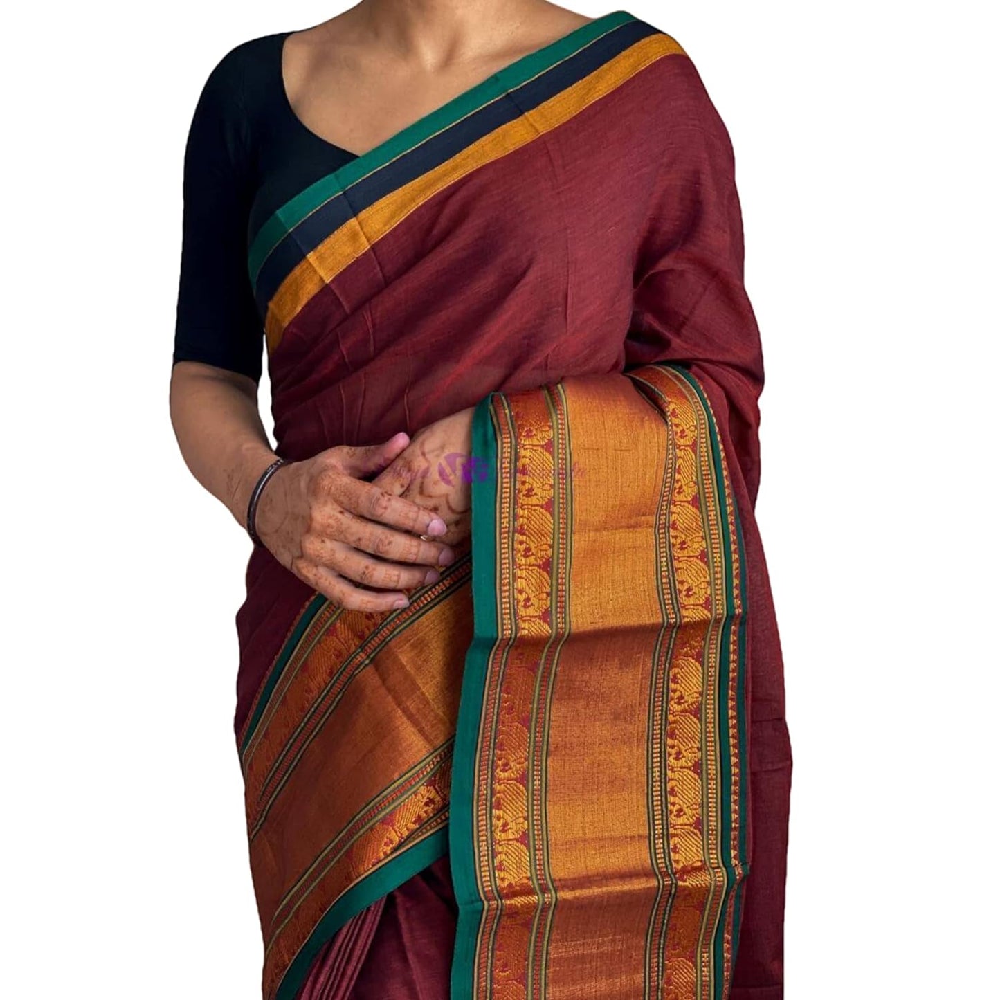 Narayanpet Pure Cotton Elephant Border Handloom Saree With Running Blouse Piece (Maroon) For Women