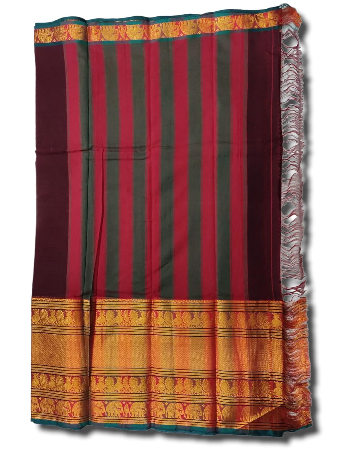 Narayanpet Pure Handloom Cotton Big Border Saree With Running Blouse Piece (Maroon By Green) For Women