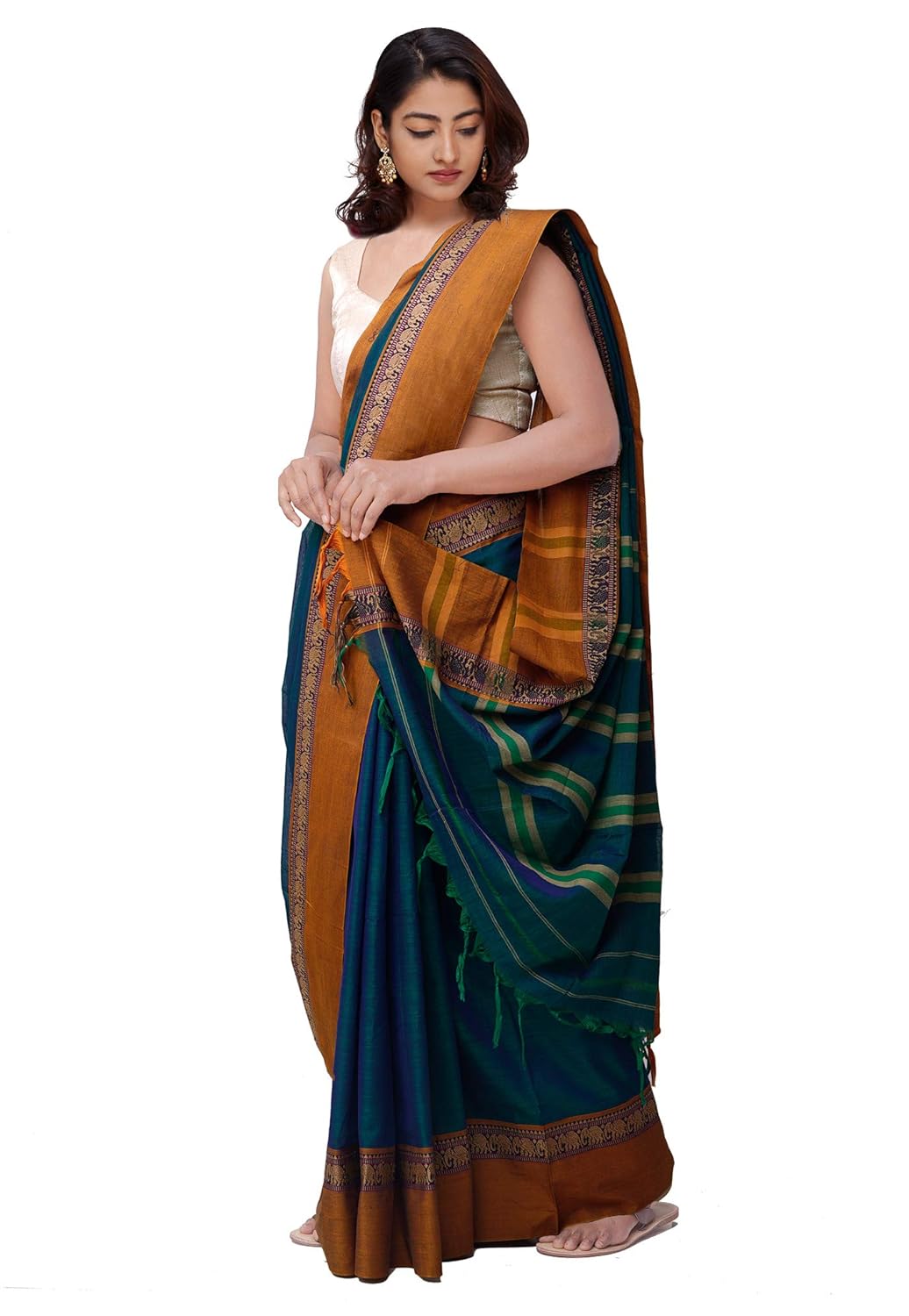 Pure Handloom Narayanpet Cotton Saree With Blouse Piece And Tassels From The Weavers Of Andhra Pradesh (Green+Free Size) For Women