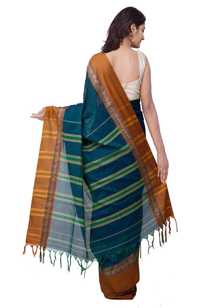 Pure Handloom Narayanpet Cotton Saree With Blouse Piece And Tassels From The Weavers Of Andhra Pradesh (Green+Free Size) For Women