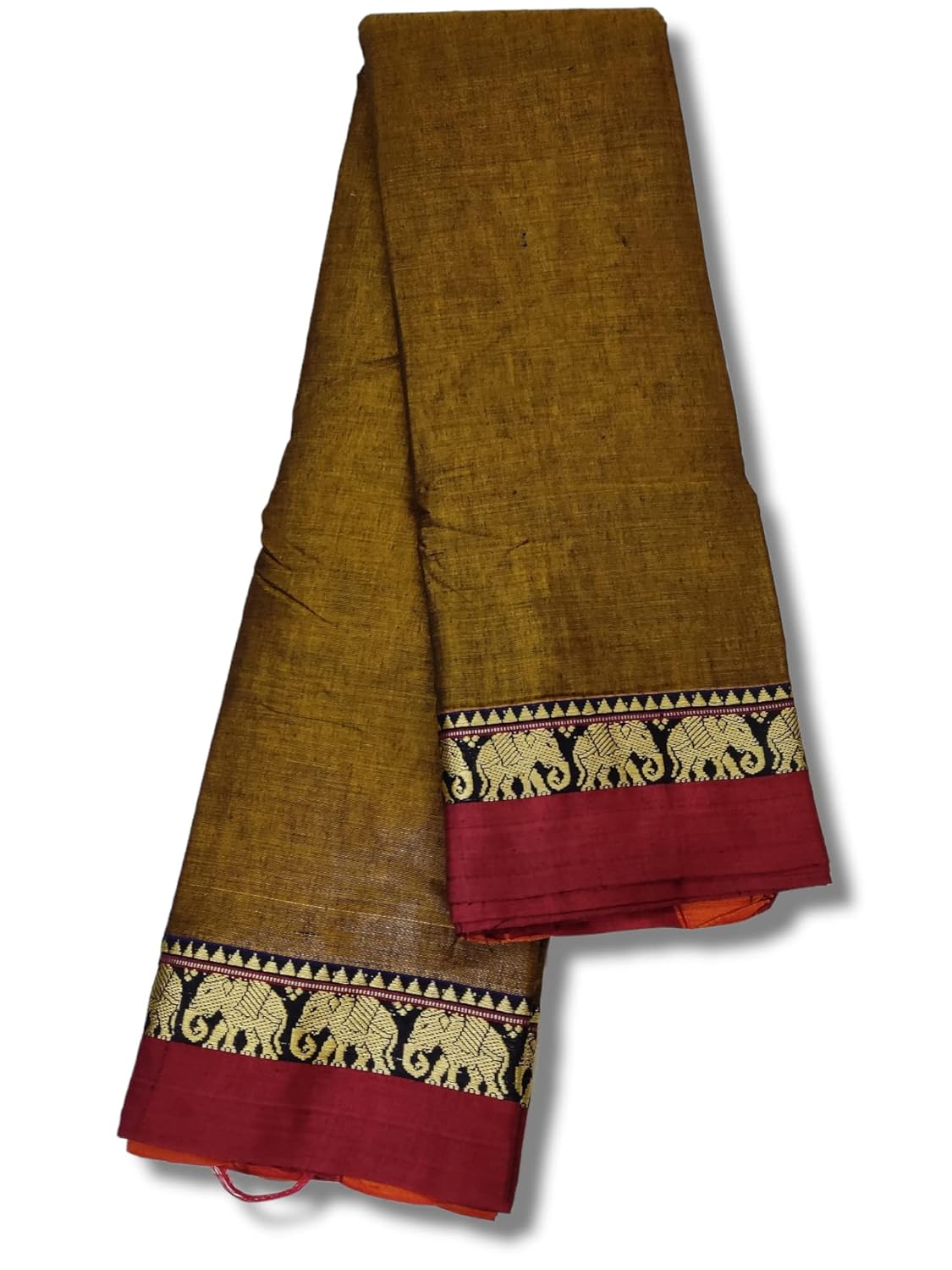 Handloom Narayanpet Pure Cotton Saree With Running Blouse (Single Elephant Border) (Khaki) For Women