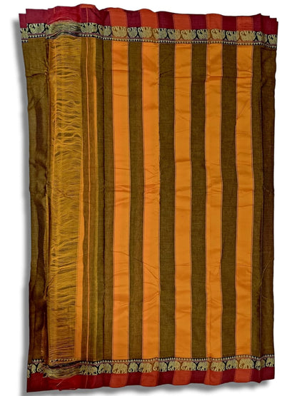 Handloom Narayanpet Pure Cotton Saree With Running Blouse (Single Elephant Border) (Khaki) For Women