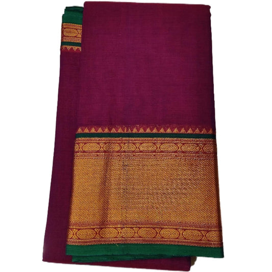 Narayanpet Handloom Pure Masarised Cotton Saree With Running Blouse Piece (Tanushri Bottle Green+Red Border) For Women