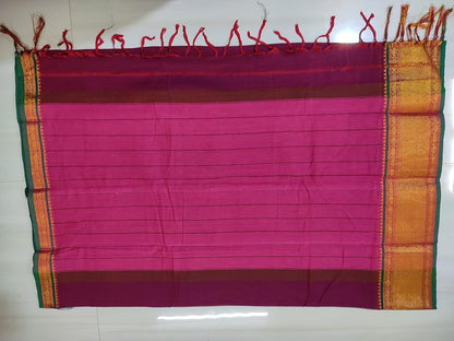 Narayanpet Handloom Pure Masarised Cotton Saree With Running Blouse Piece (Tanushri Bottle Green+Red Border) For Women