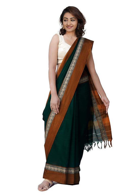 Pure Handloom Narayanpet Cotton Saree With Blouse Piece And Tassels From The Weavers Of Andhra Pradesh (Green+Free Size) For Women