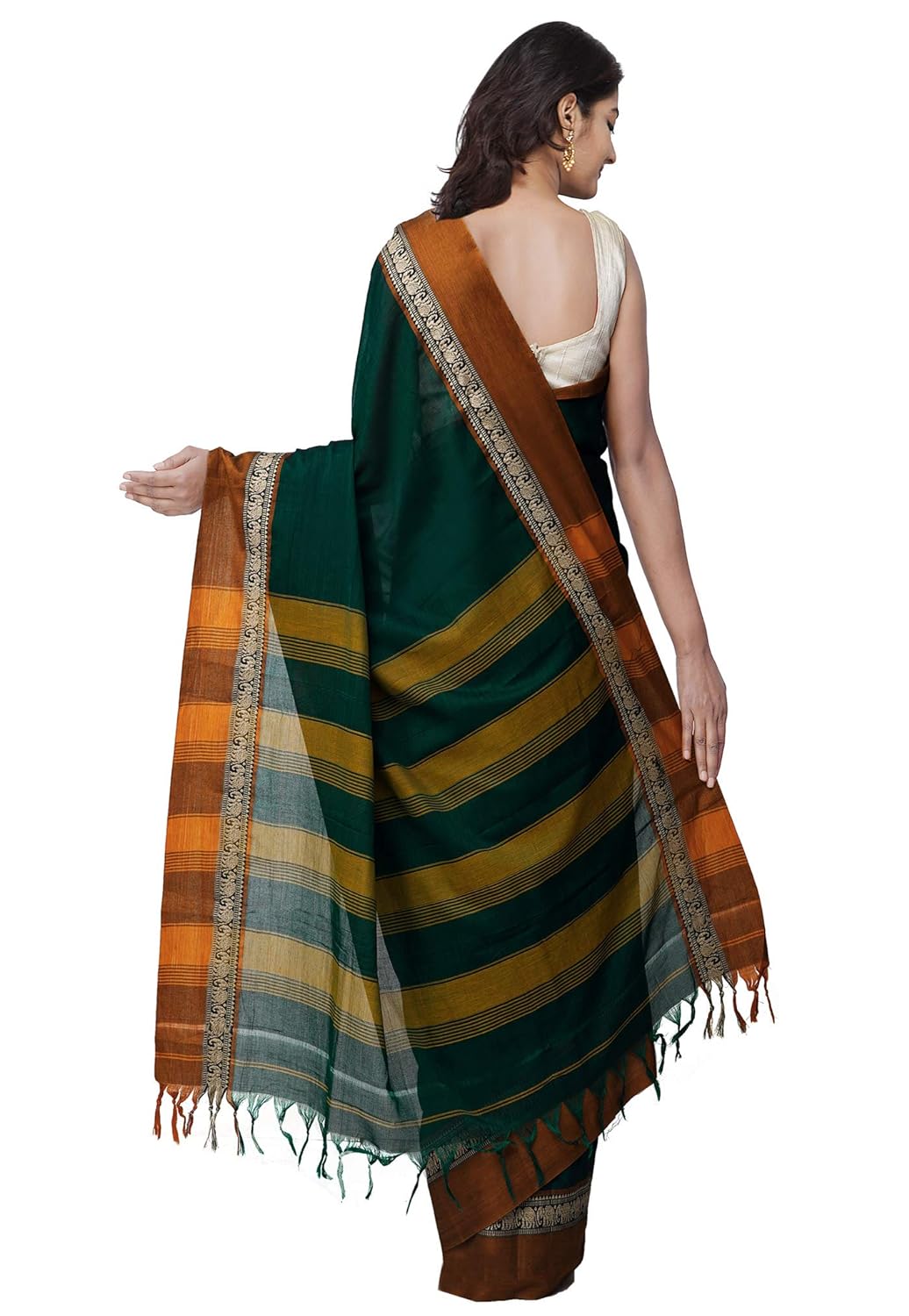 Pure Handloom Narayanpet Cotton Saree With Blouse Piece And Tassels From The Weavers Of Andhra Pradesh (Green+Free Size) For Women