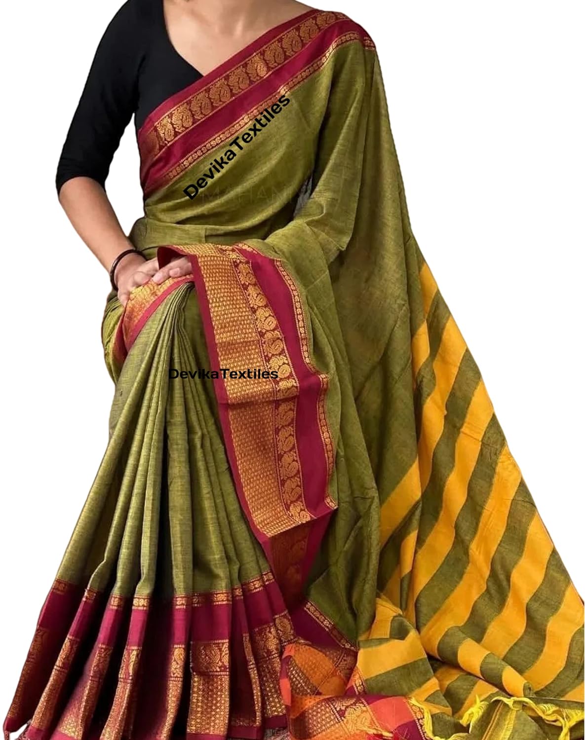 Narayanpet Pure Cotton Saree With Running Blouse Piece (Mehandi) For Women