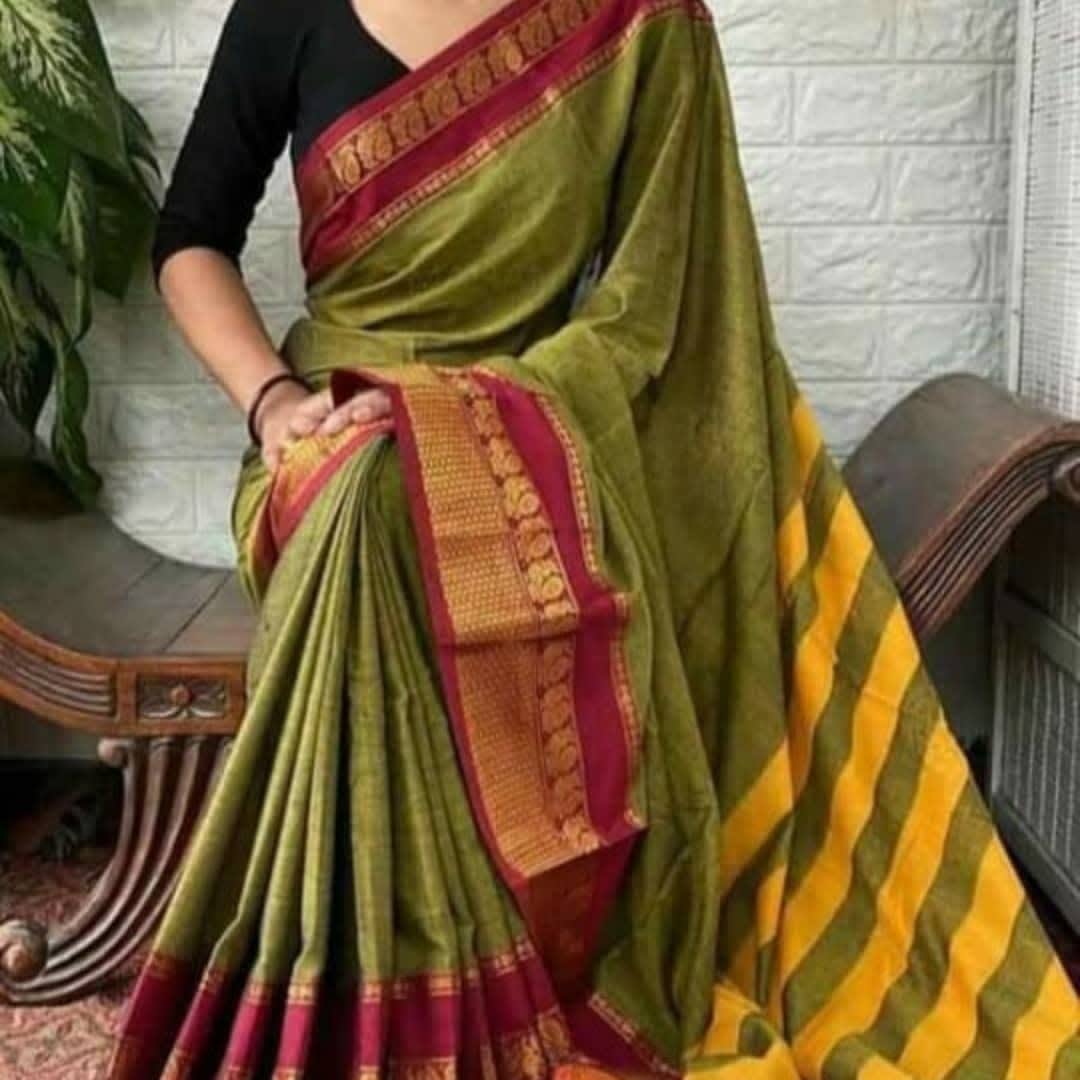 Narayanpet Pure Cotton Saree With Running Blouse Piece (Mehandi) For Women