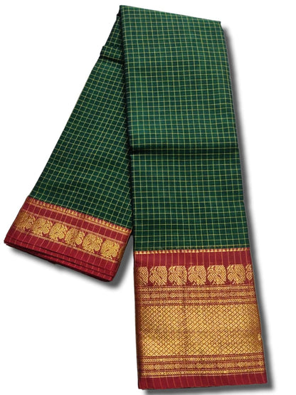 Women'S Narayanpet Checks Cotton Saree With Running Blouse Piece (Green(Small Checks)