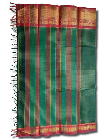 Women'S Narayanpet Checks Cotton Saree With Running Blouse Piece (Green(Small Checks)