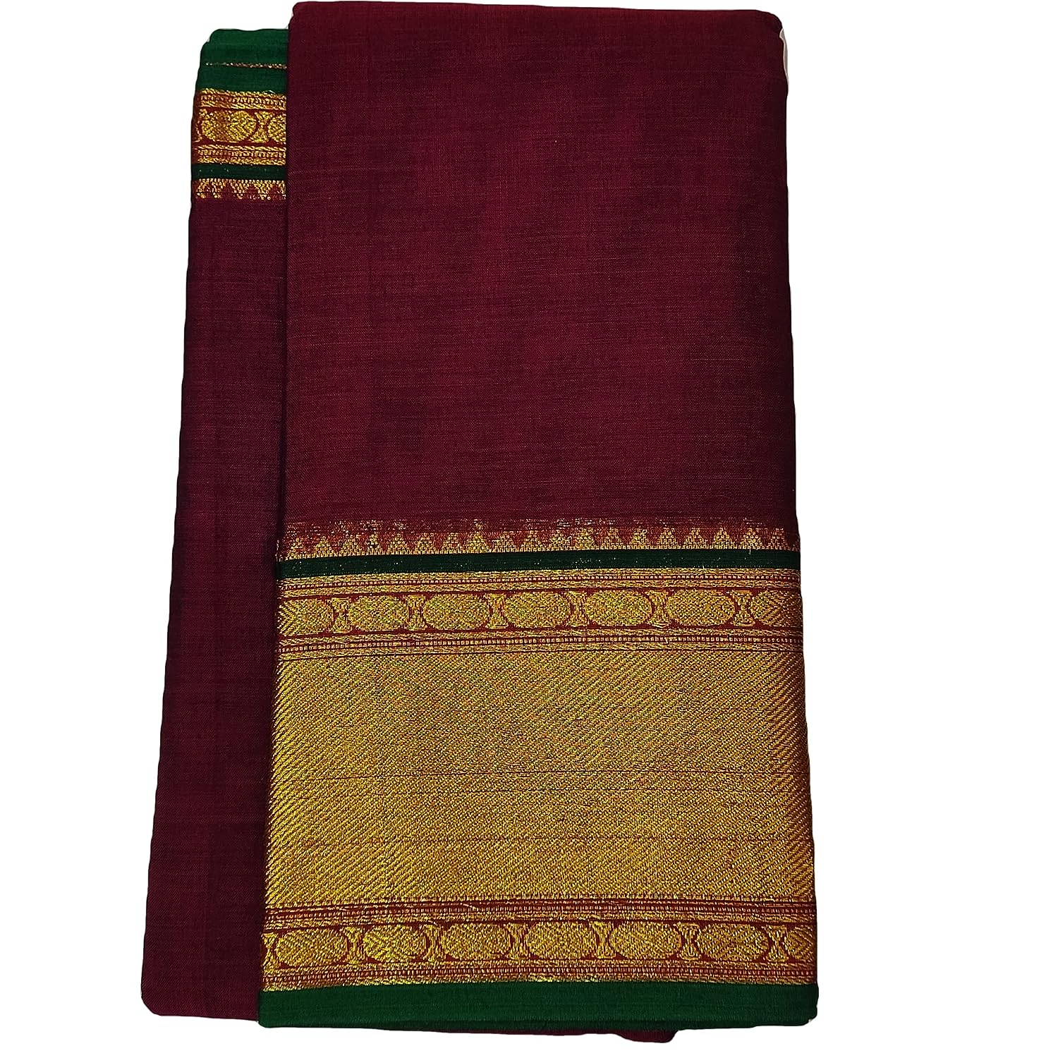 Handloom Pure Masarised Cotton Saree With Running Blouse Piece (Maroon+Green Border) For Women