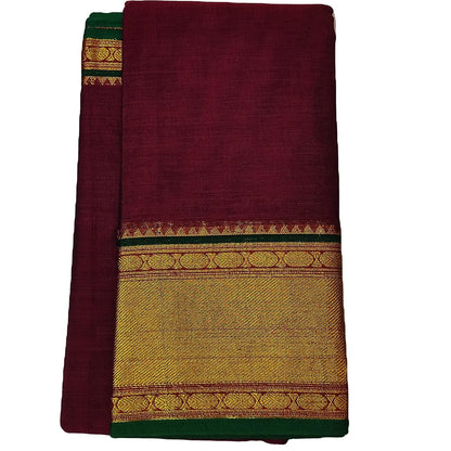 Handloom Pure Masarised Cotton Saree With Running Blouse Piece (Maroon+Green Border) For Women