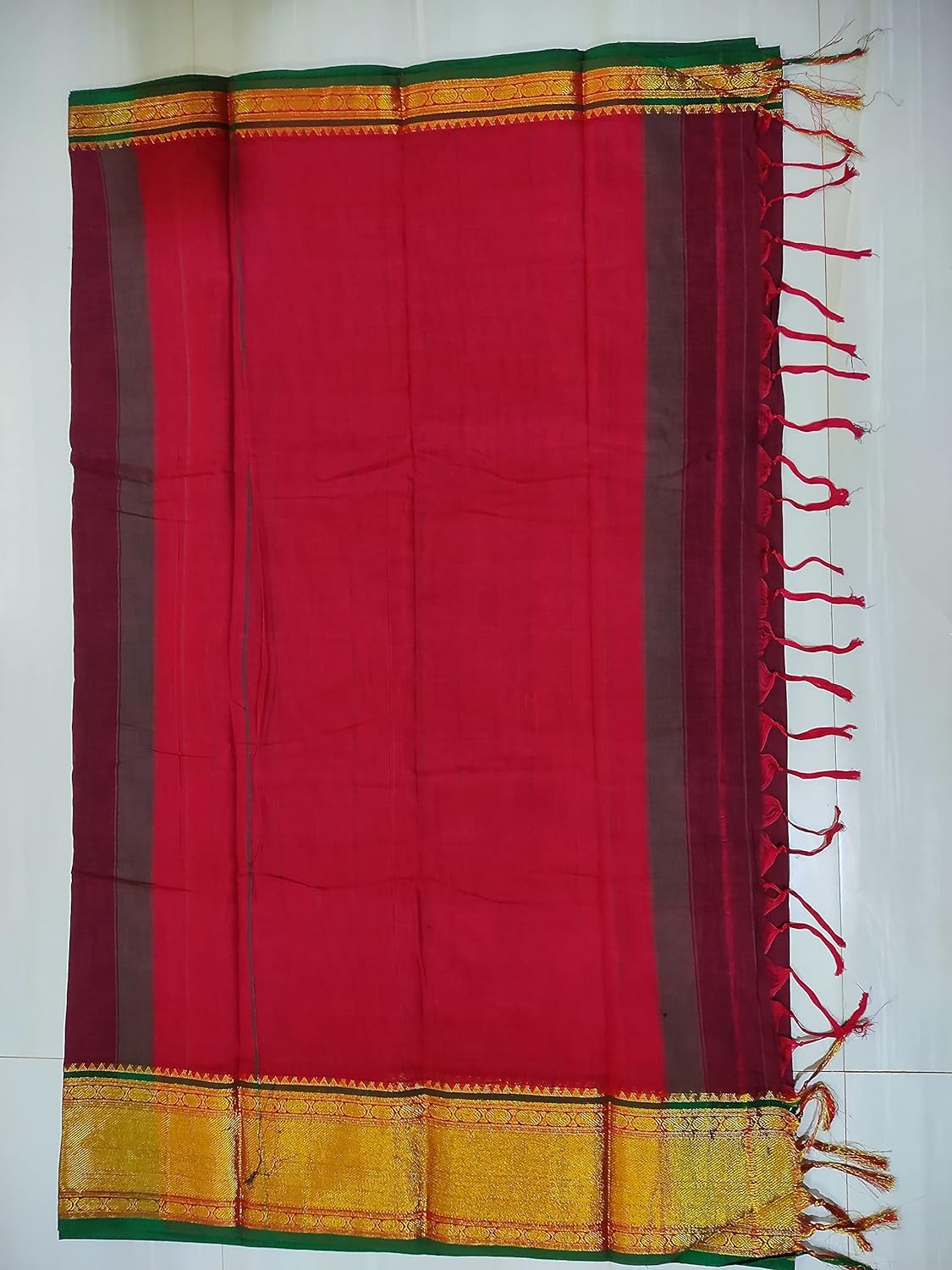Handloom Pure Masarised Cotton Saree With Running Blouse Piece (Maroon+Green Border) For Women