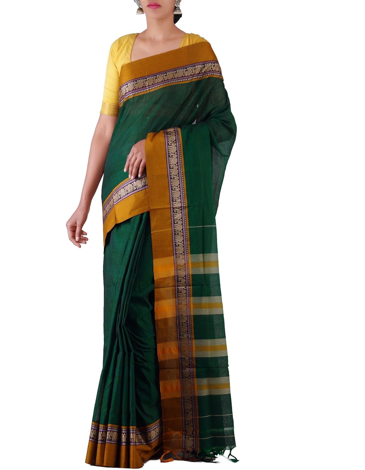 Green Pure Handloom Narayanpet Cotton Plain Saree For Women
