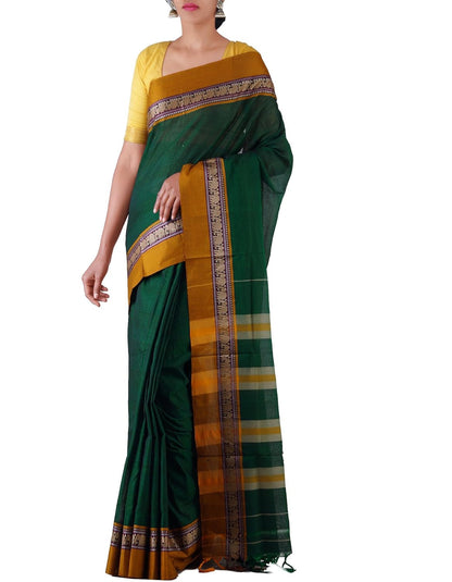 Green Pure Handloom Narayanpet Cotton Plain Saree For Women
