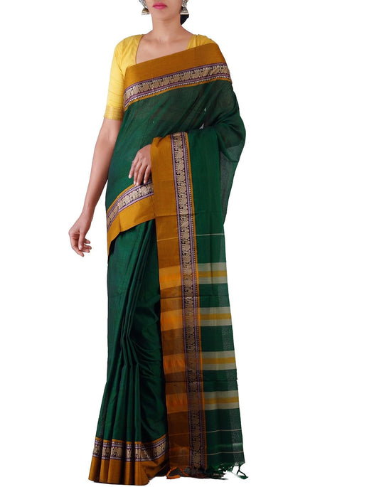 Green Pure Handloom Narayanpet Cotton Plain Saree For Women