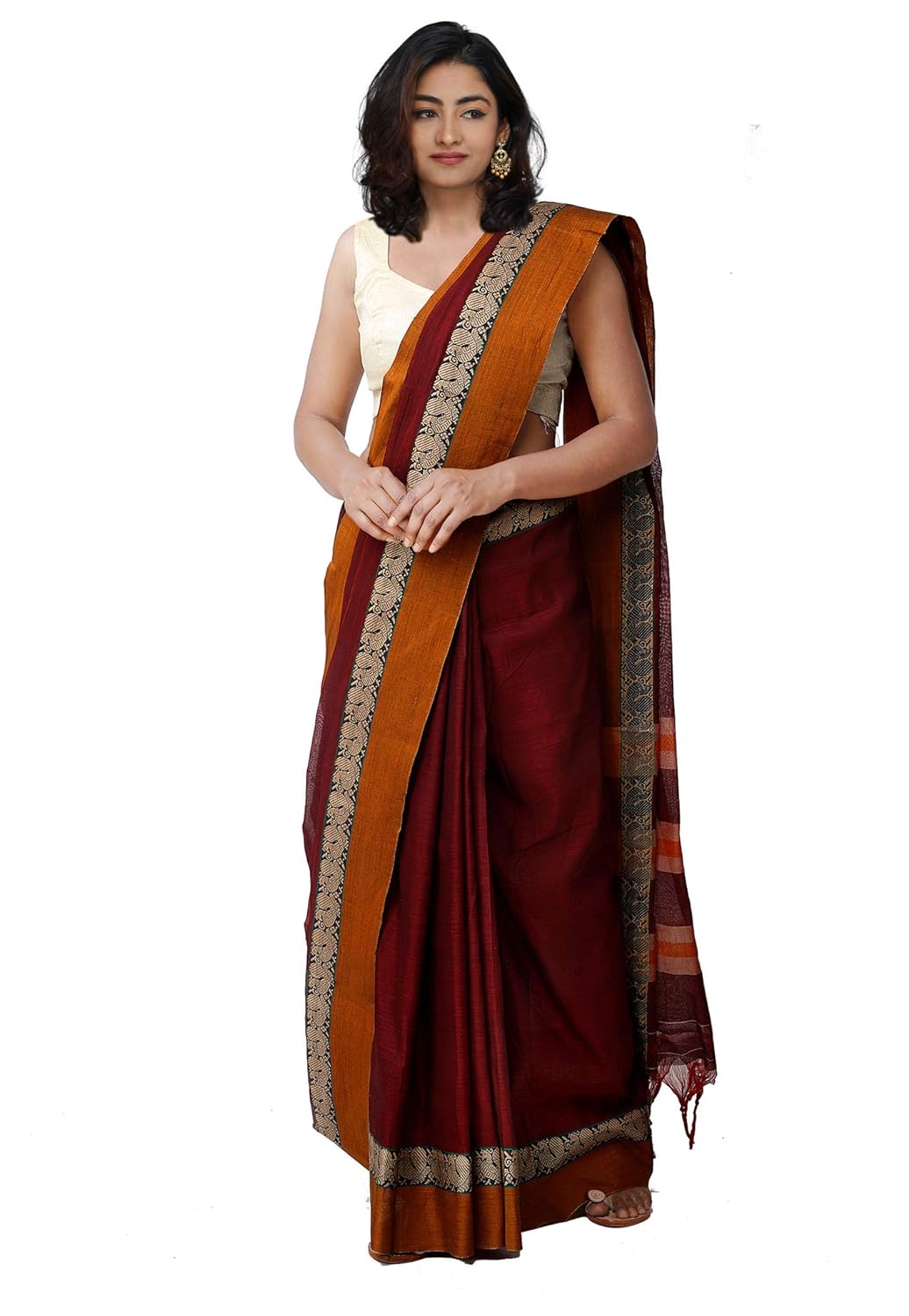 Pure Handloom Narayanpet Cotton Saree With Blouse Piece And Tassels Ends From The Weavers Of Andhra Pradesh (Maroon+Free Size) For Women