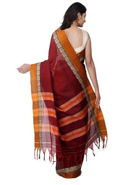 Pure Handloom Narayanpet Cotton Saree With Blouse Piece And Tassels Ends From The Weavers Of Andhra Pradesh (Maroon+Free Size) For Women