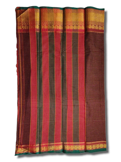 Narayanpet Check Cotton Saree With Running Blouse Piece (Maroon) For Women