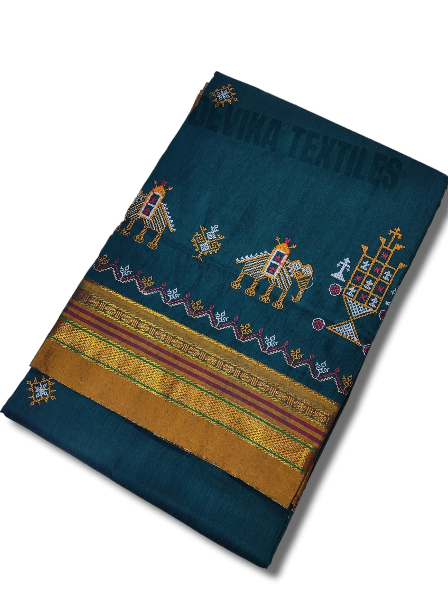 Dark Ananda cotton silk ilkal  Kasuti Work saree with Running blouse piece