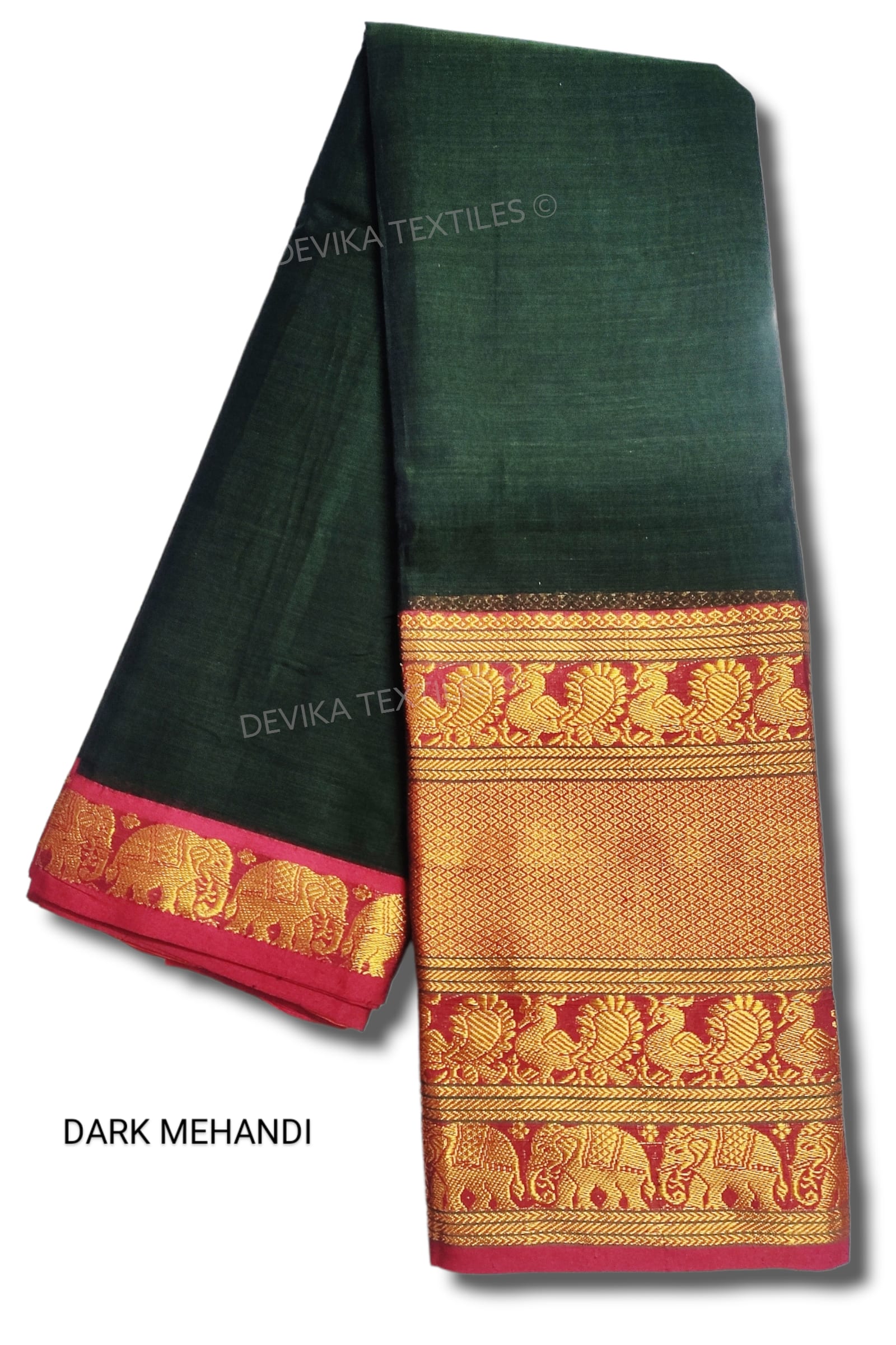 Dark Mehandi Big Border Narayanpet Pure Handloom Cotton Sarees with Running blouse piece