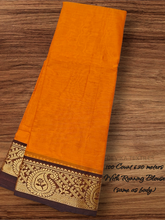 Dark Orange  Narayanpet Pure Cotton  saree with Running Blouse (Same as saree)