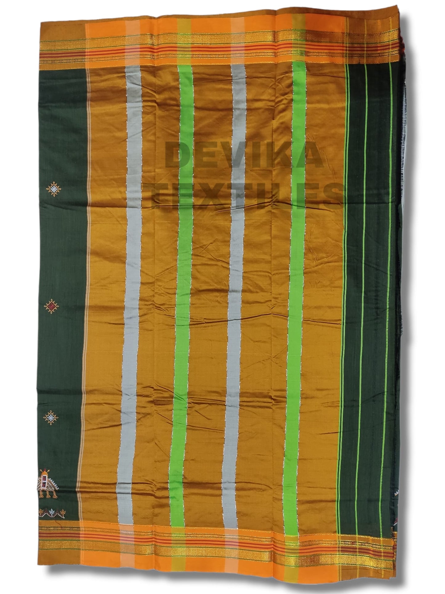 Dark mehandi Cottonsilk ilkal Kasuti work saree with running blouse piece