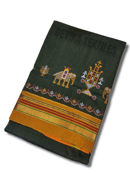 Dark mehandi Cottonsilk ilkal Kasuti work saree with running blouse piece