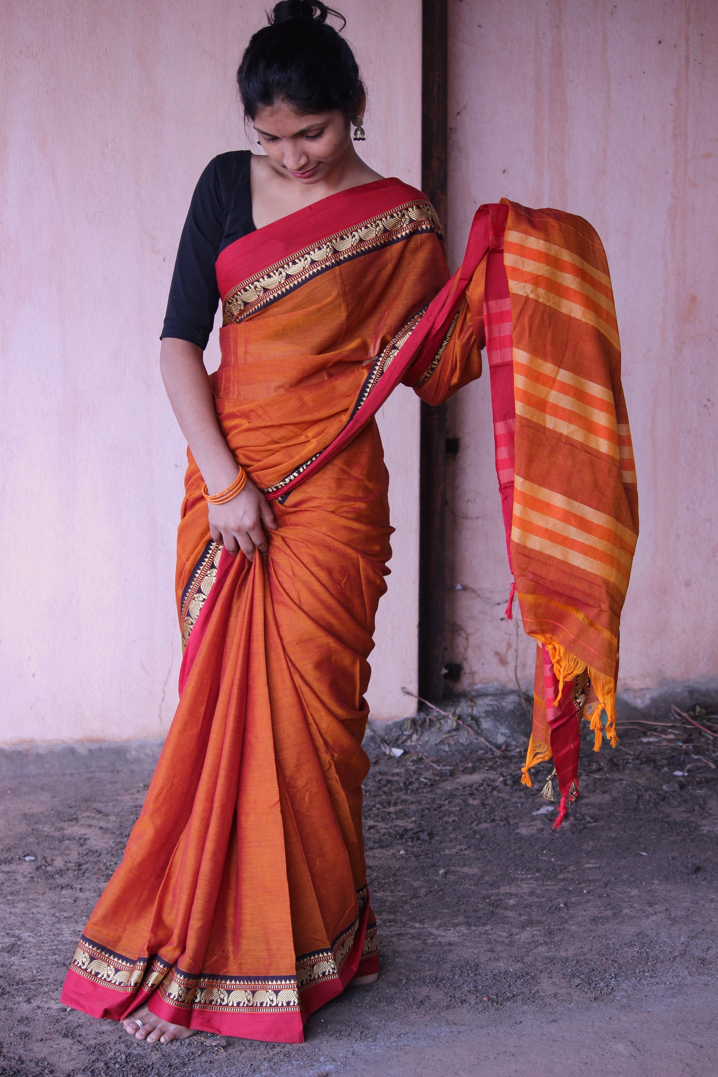 Dark orange Elephant Print Narayanpet Pure Cotton saree