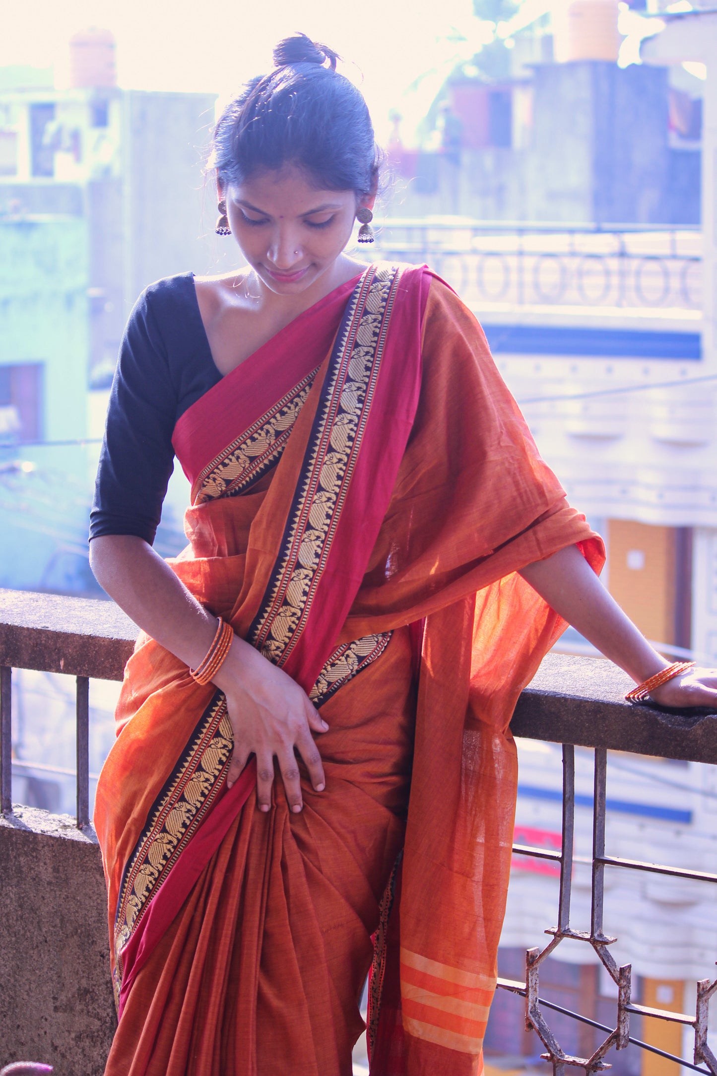 Dark orange Elephant Print Narayanpet Pure Cotton saree