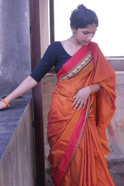 Dark orange Elephant Print Narayanpet Pure Cotton saree